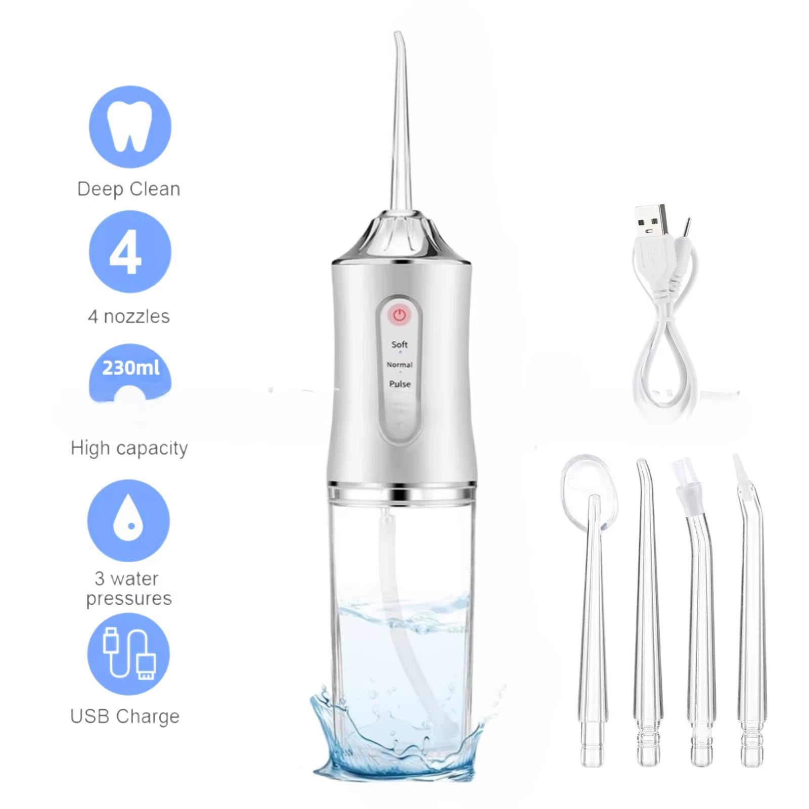 Oral Irrigator Portable USB Rechargeable Dental Water Flosser Water Jet Floss Tooth Pick 4 Jet Tip 220Ml 3 Modes IPX7 Waterproof