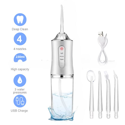 Oral Irrigator Portable USB Rechargeable Dental Water Flosser Water Jet Floss Tooth Pick 4 Jet Tip 220Ml 3 Modes IPX7 Waterproof