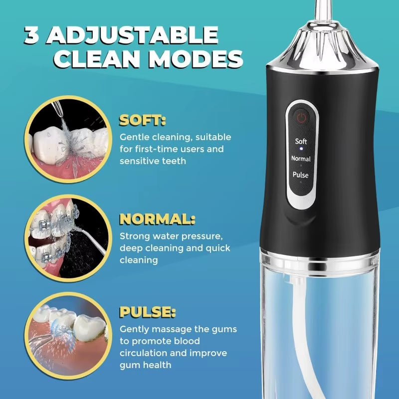 Oral Irrigator Portable USB Rechargeable Dental Water Flosser Water Jet Floss Tooth Pick 4 Jet Tip 220Ml 3 Modes IPX7 Waterproof