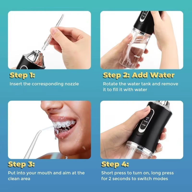Oral Irrigator Portable USB Rechargeable Dental Water Flosser Water Jet Floss Tooth Pick 4 Jet Tip 220Ml 3 Modes IPX7 Waterproof